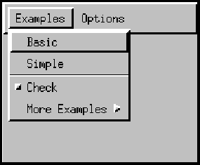 Menu labeled Examples, containing items Basic, Simple, Check, and More
Examples. The Check item is a CheckBoxMenuItem instance, in the off state.